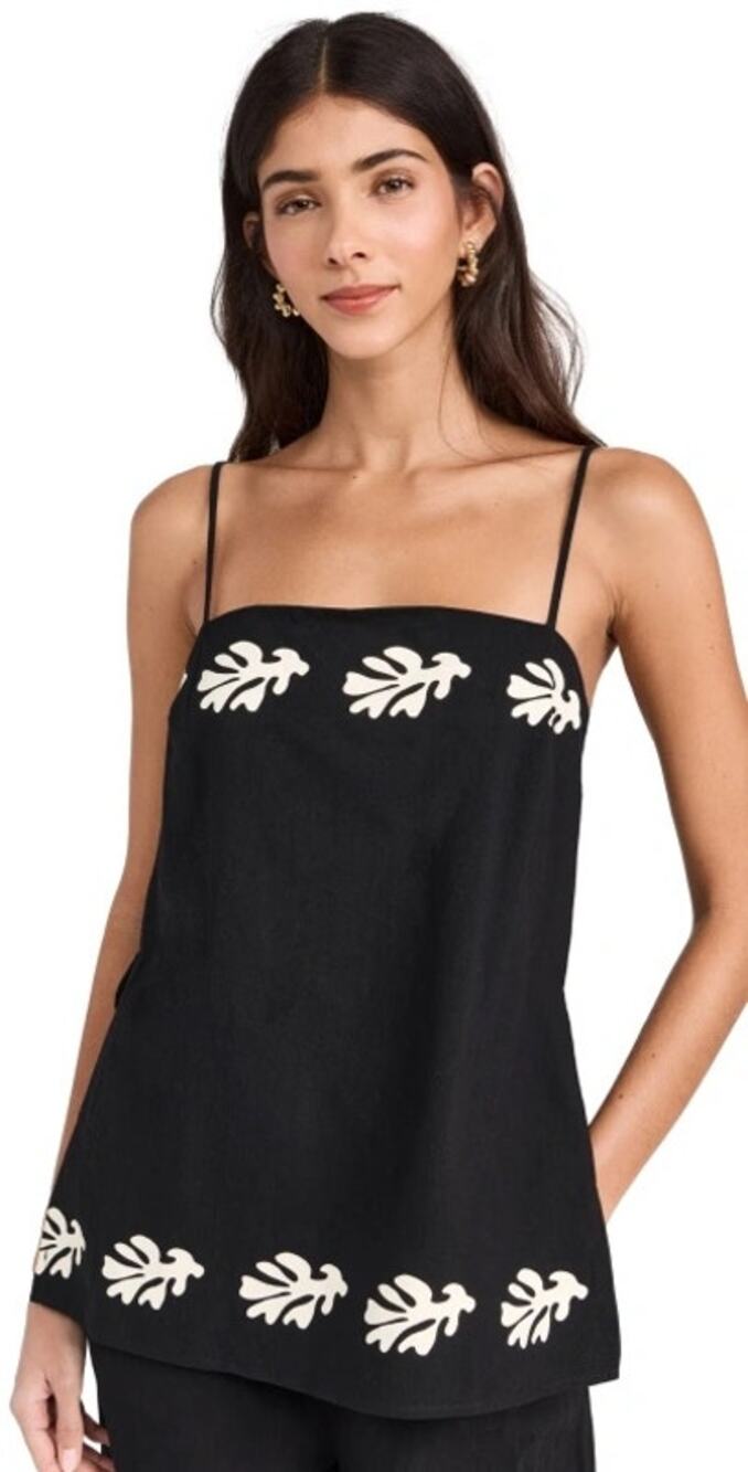 Seven Wonders Black + Sand Ammlia Leaf Print Square Neck Cotton Tank Top Medium